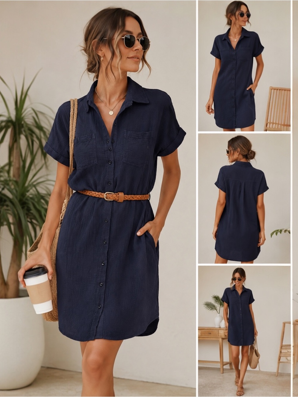 Weatherproof Vintage Navy Cotton Gauze Shirt Dress M Button Front Missing Belt